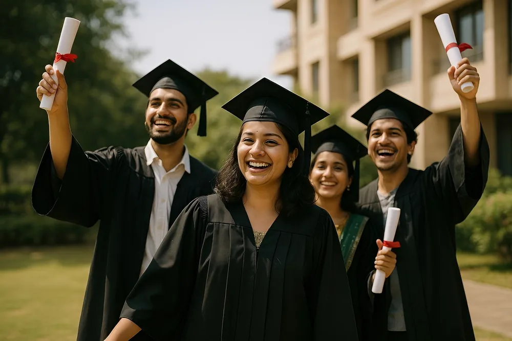 Graduates celebrating their academic success with degrees in hand